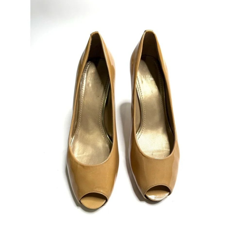 Stuart Weitzman Tan High Heels Peep-Toe Patent Leather Pumps Size 10 Womens‎